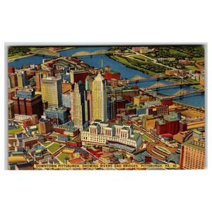 Vintage Linen Postcard: Downtown Pittsburgh PA Cityscape Rivers Bridges